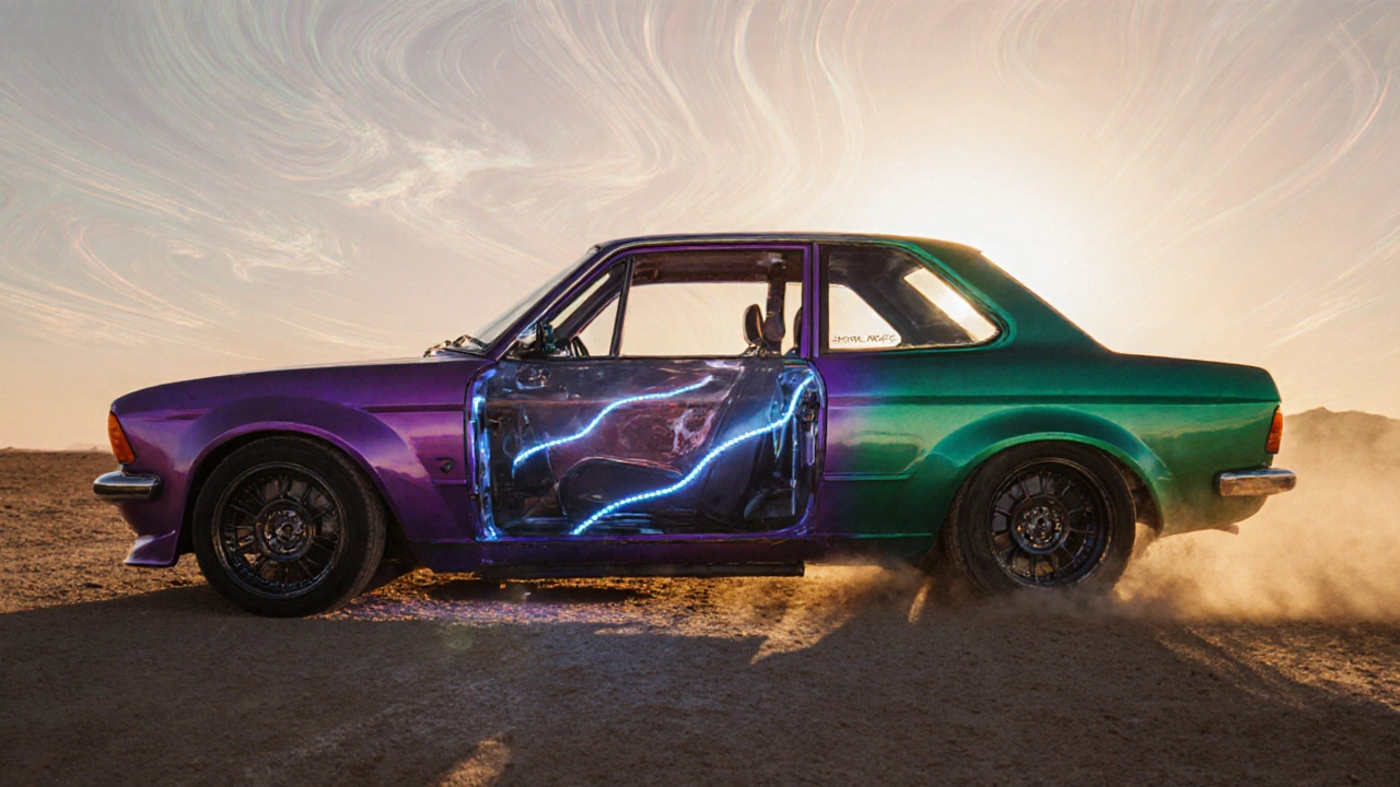 Автомобиль с хамелеон-краской и прозрачными дверьми, стоящий в пустыне на закате.