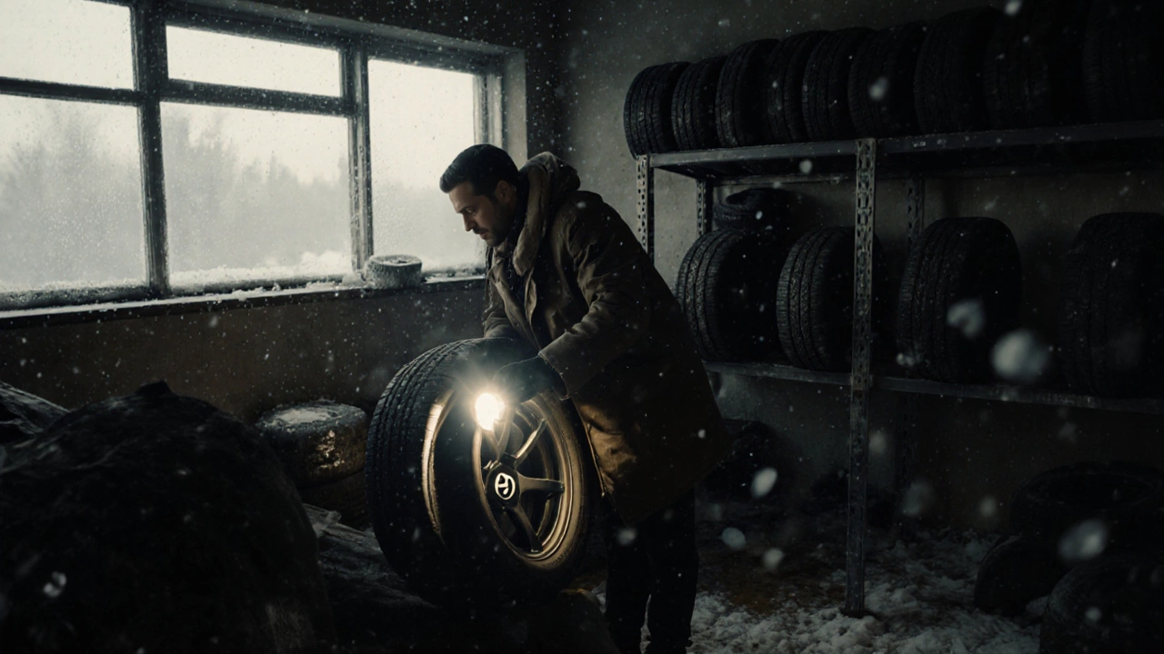 Driver checking a tire's E speed index in a winter garage with snow outside.