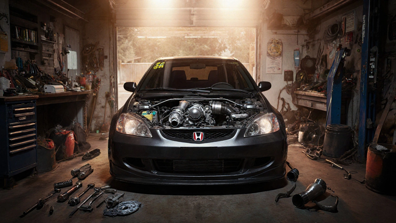 Двигатель Honda Civic в гараже с турбиной и тюнинговыми деталями на фоне инструментов.