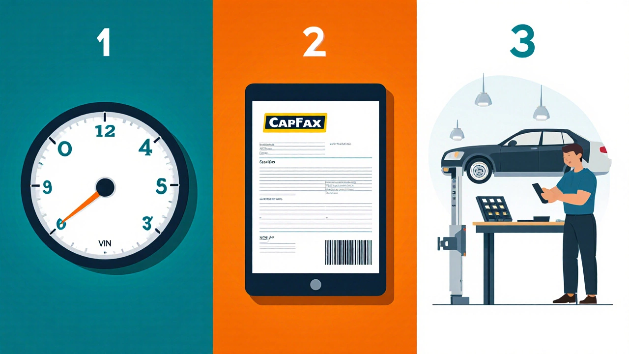 Иллюстрация проверки пробега: одометр, Carfax, сервисная книга.