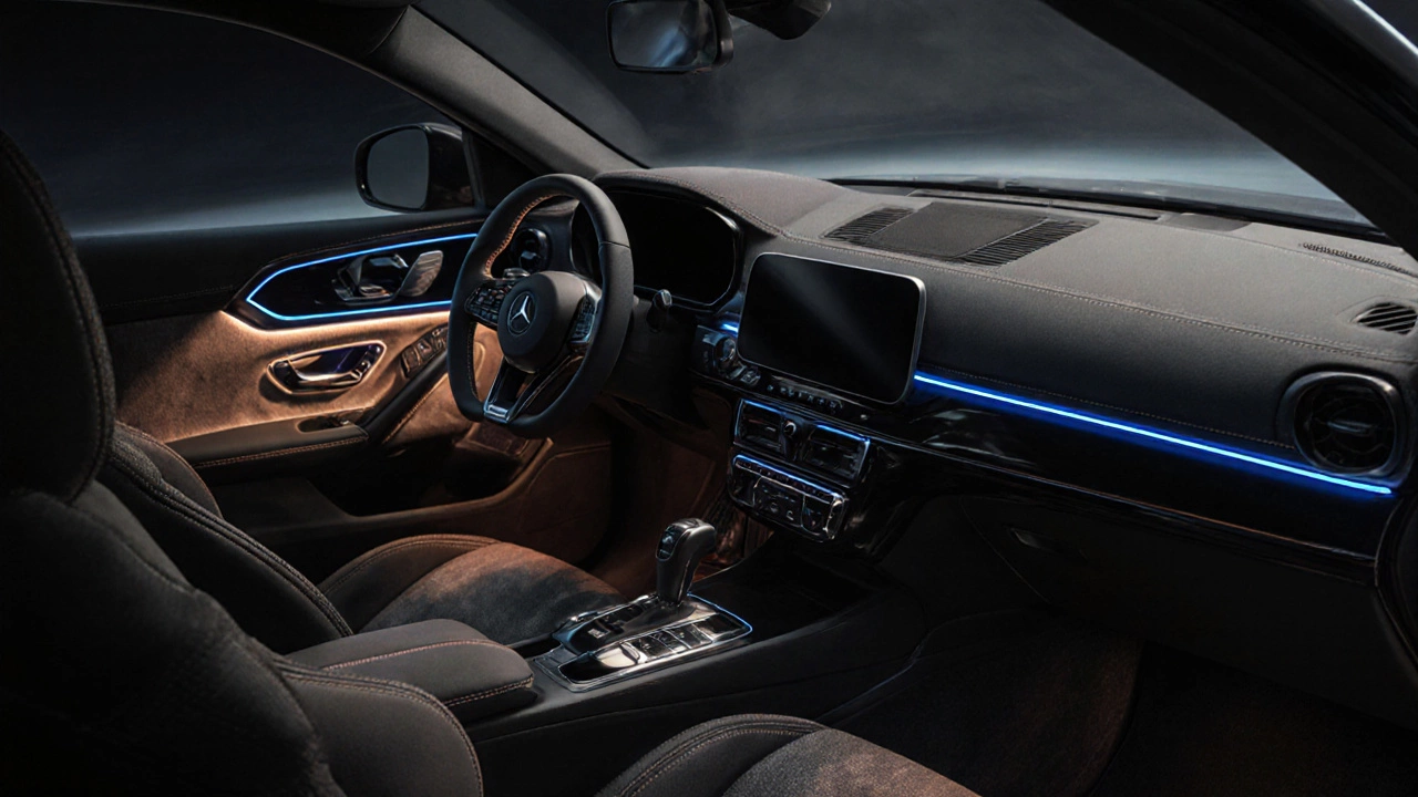 Интерьер автомобиля с кожаной обивкой и атмосферной подсветкой, акцент на руль и панель.