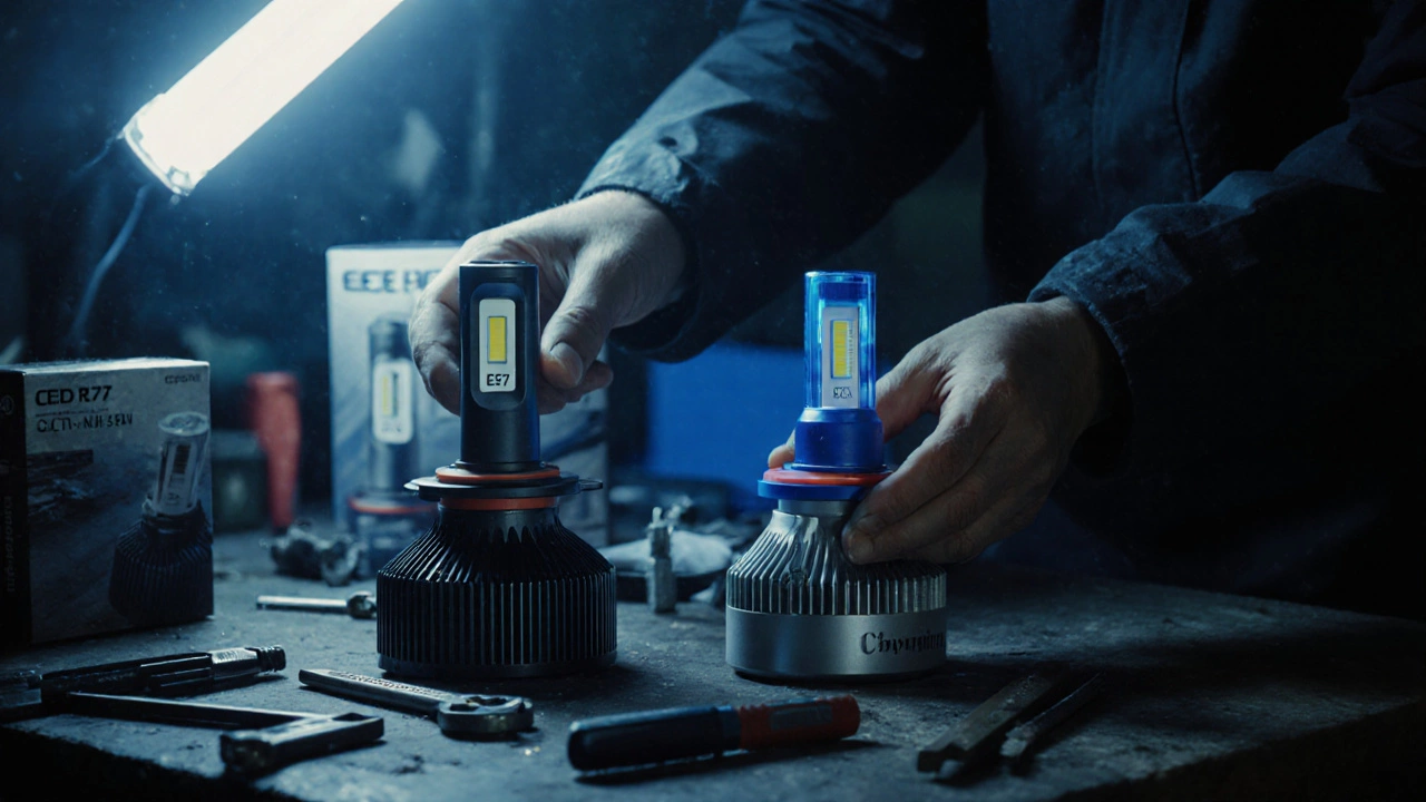 Механик сравнивает поддельную и настоящую светодиодную лампу на рабочем столе.