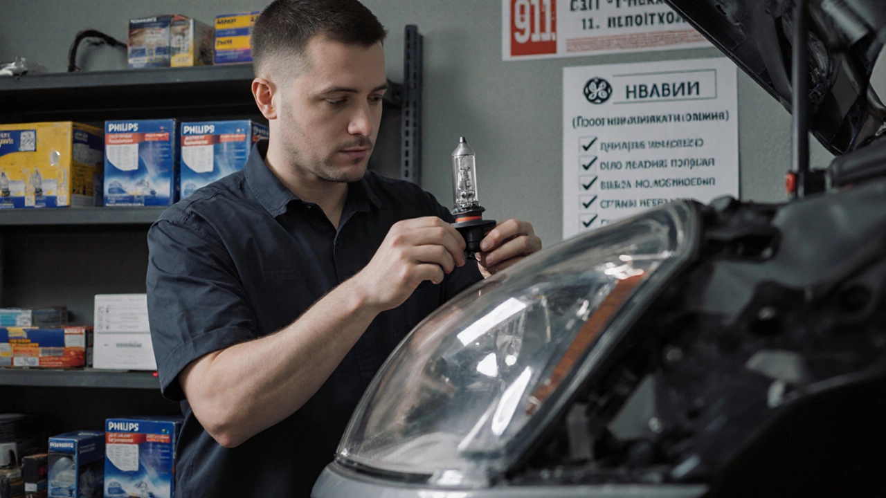Механик устанавливает галогеновую лампу в фару в автосервисе, рядом — упаковки известных брендов.