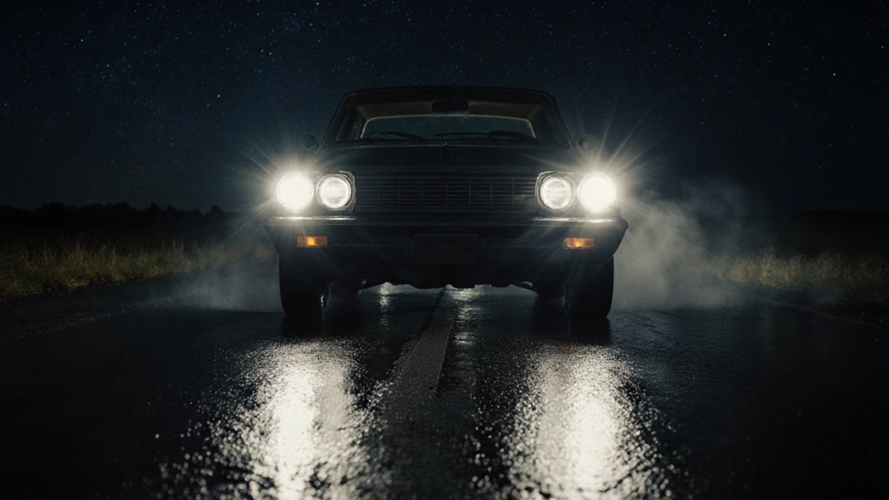 Ночной дорожный кадр: старый автомобиль едет, яркие LED‑прожекторы освещают дорогу.