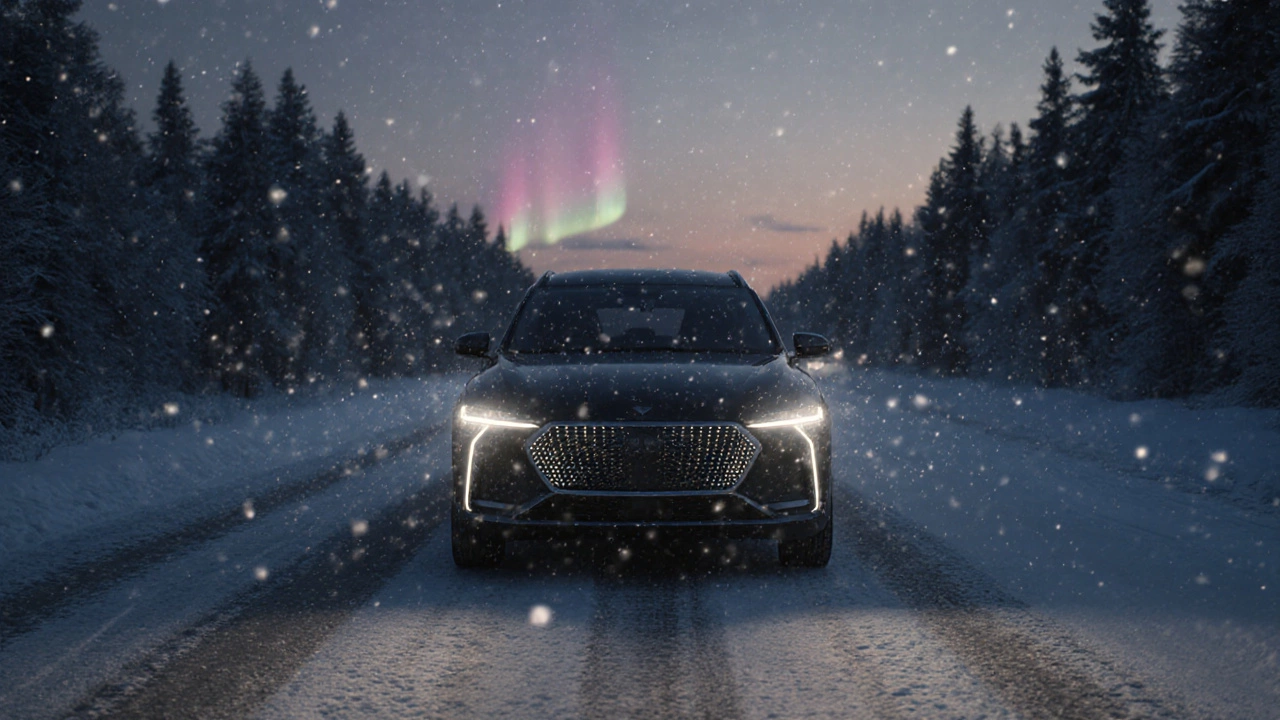 Современная машина с LED-фарами освещает заснеженную дорогу в темное время суток.