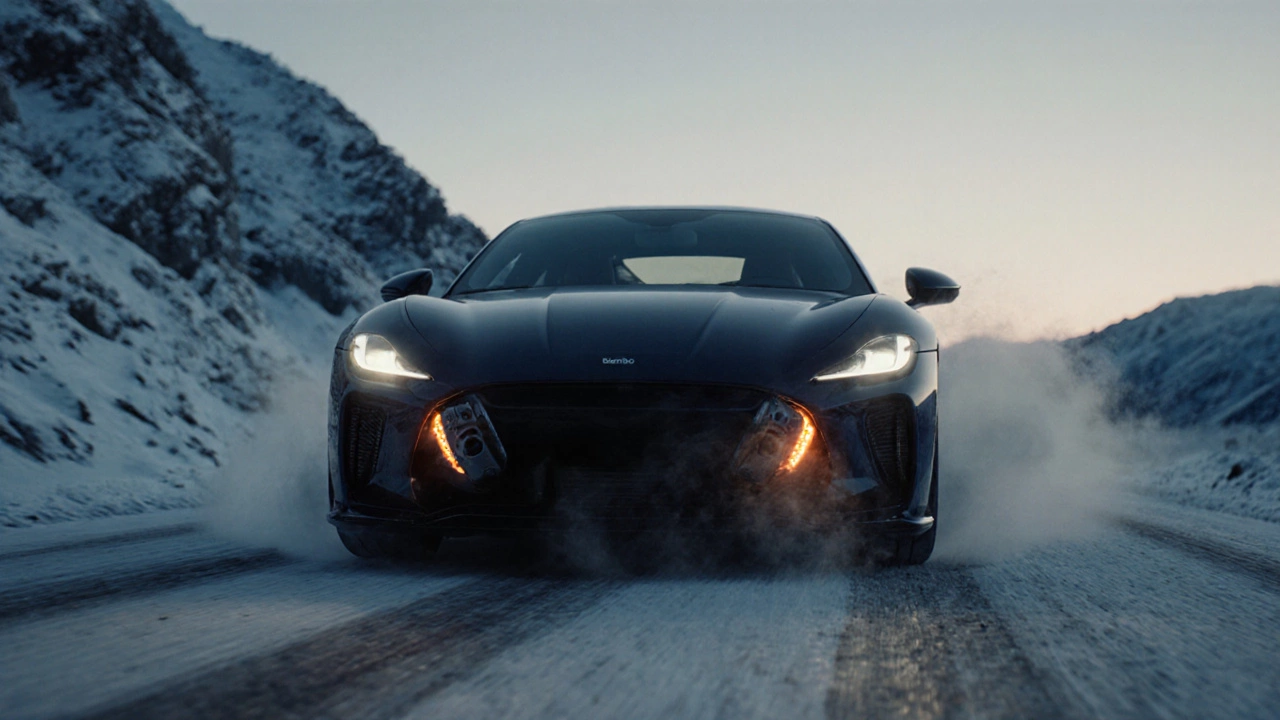 Спортивный автомобиль спускается по снежной горной трассе, показывая работу керамических тормозов Brembo.