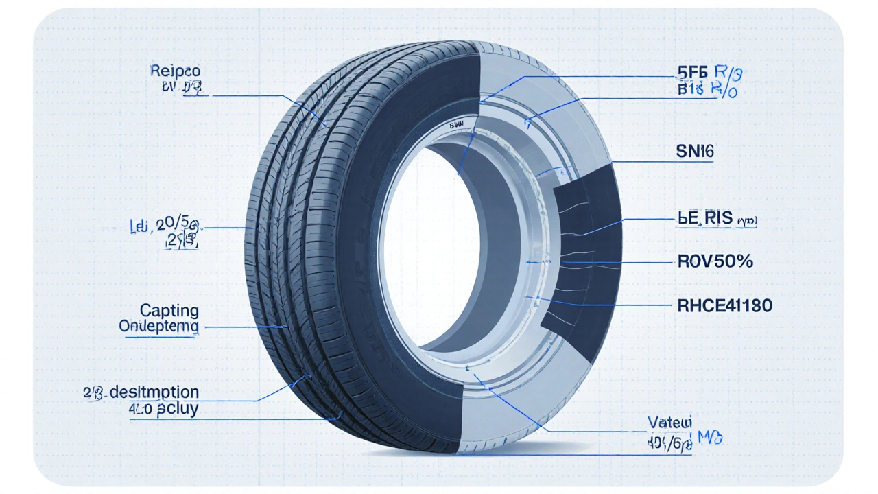 Technical illustration of a tire cross‑section with measurements for 205/55 R16 91E.