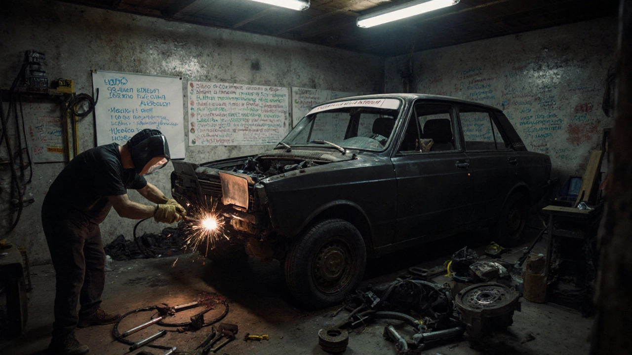 VAZ 2110 в гараже, где владелец делает спойлер из стекловолокна своими руками.