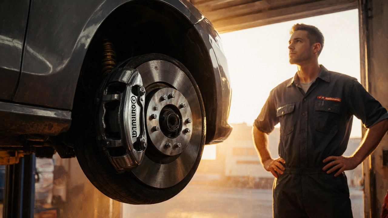 Владелец автомобиля в гараже выбирает между колодками Brembo и Zimmermann.