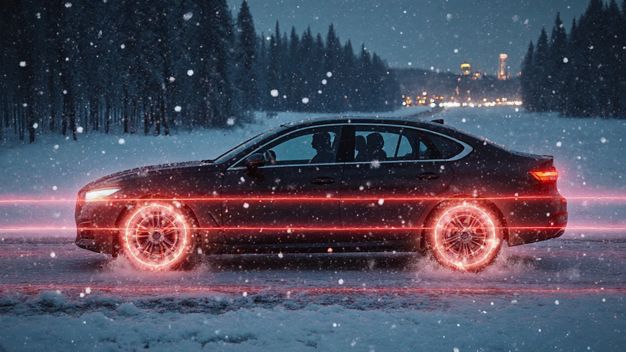 Автомобиль на льду с визуализацией увеличения тормозного пути при износе колодок от 3 мм до 1 мм.