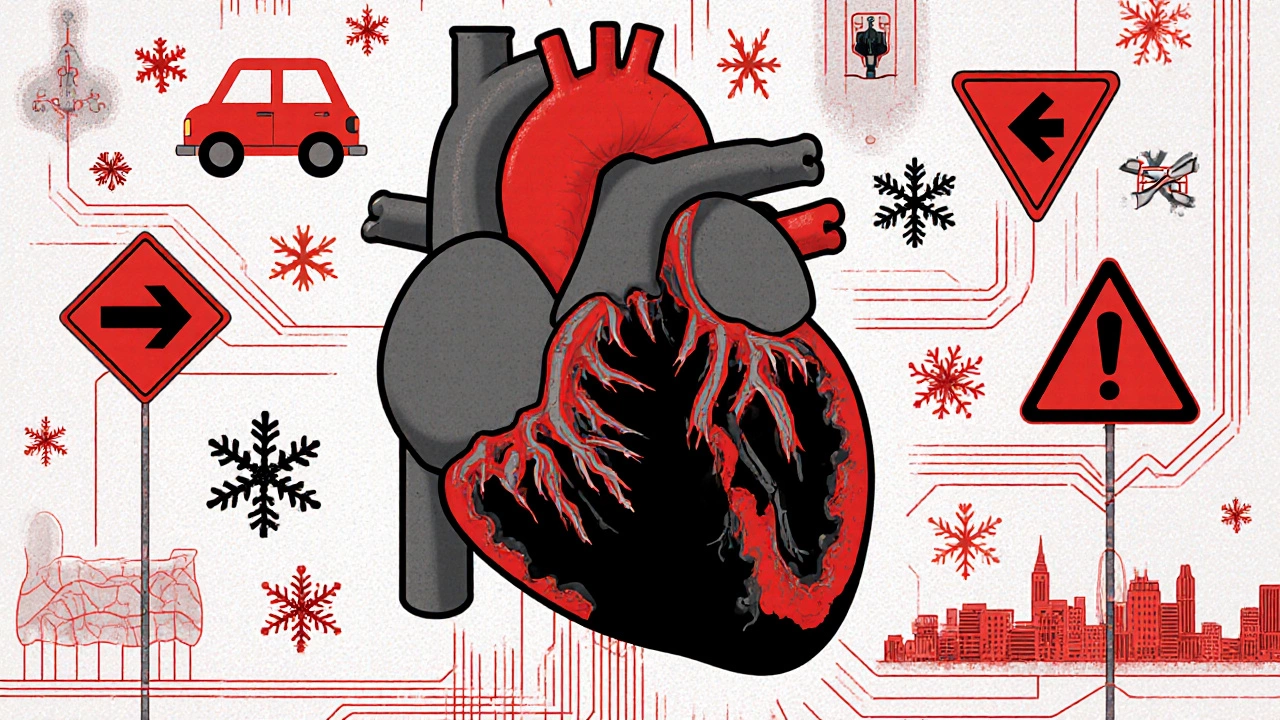 Двигатель как человеческое сердце, заполненное черной грязью, с символами городского вождения и холода.