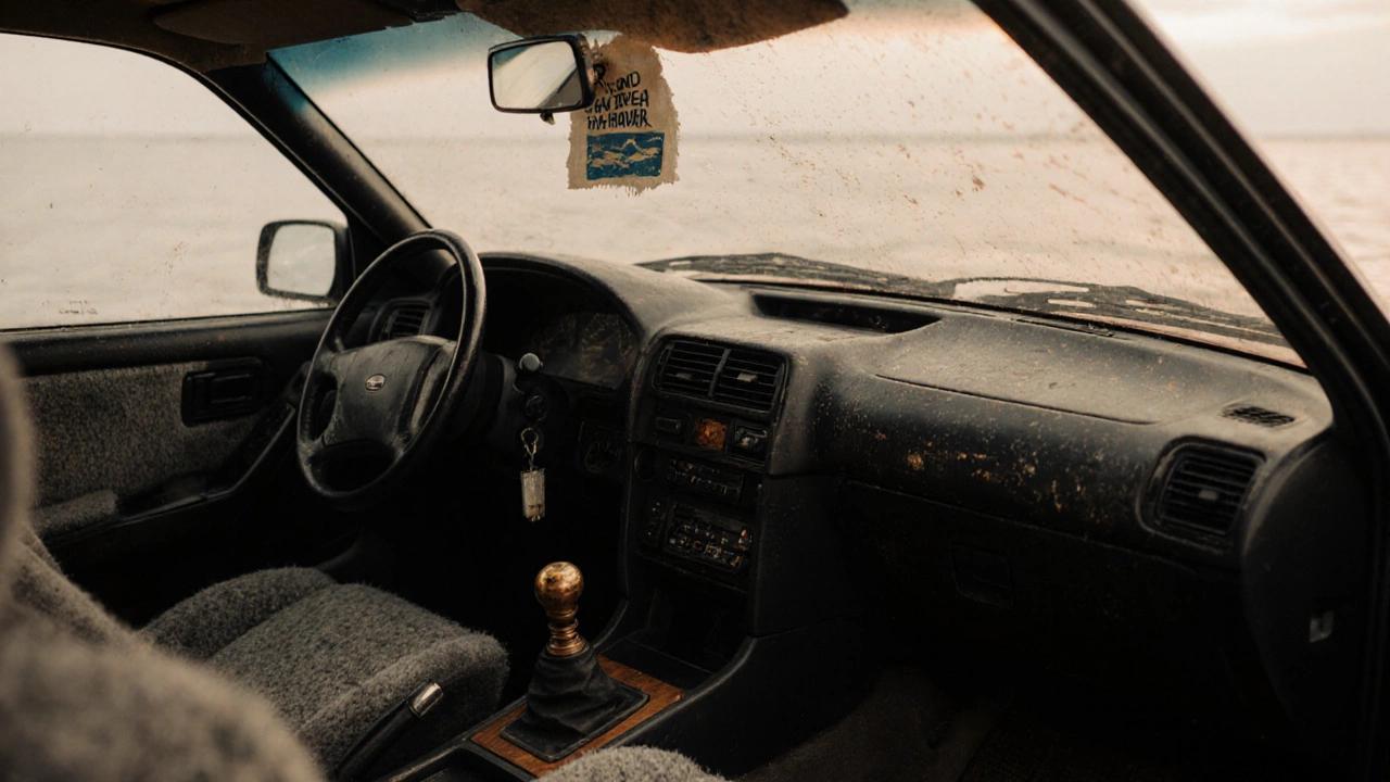 Интерьер старого Субару с медной ручкой КПП и тканевыми сиденьями.