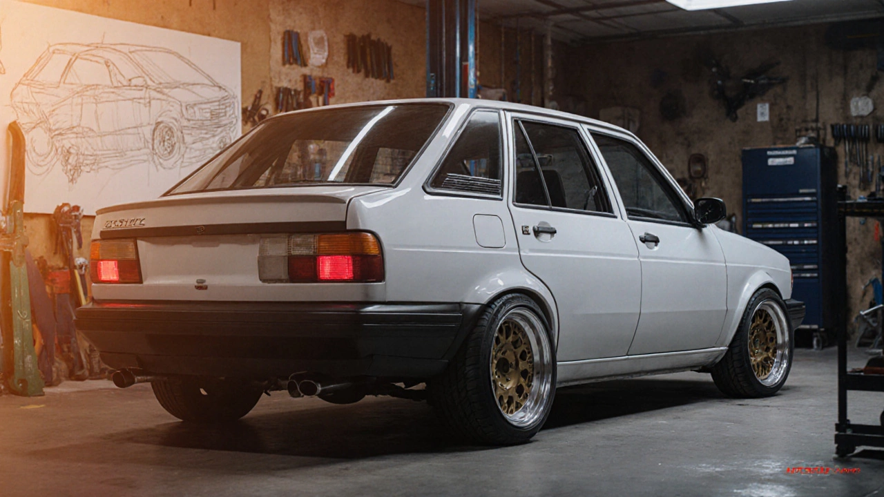 Лада Гранта с утончённым тюнингом: узкие арки, светодиодные фонари и углублённый бампер.