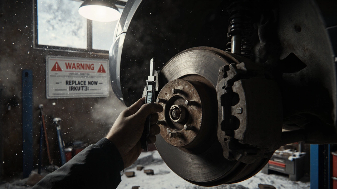 Механик проверяет тормозные колодки через спицы колеса в автосервисе при зимнем освещении.