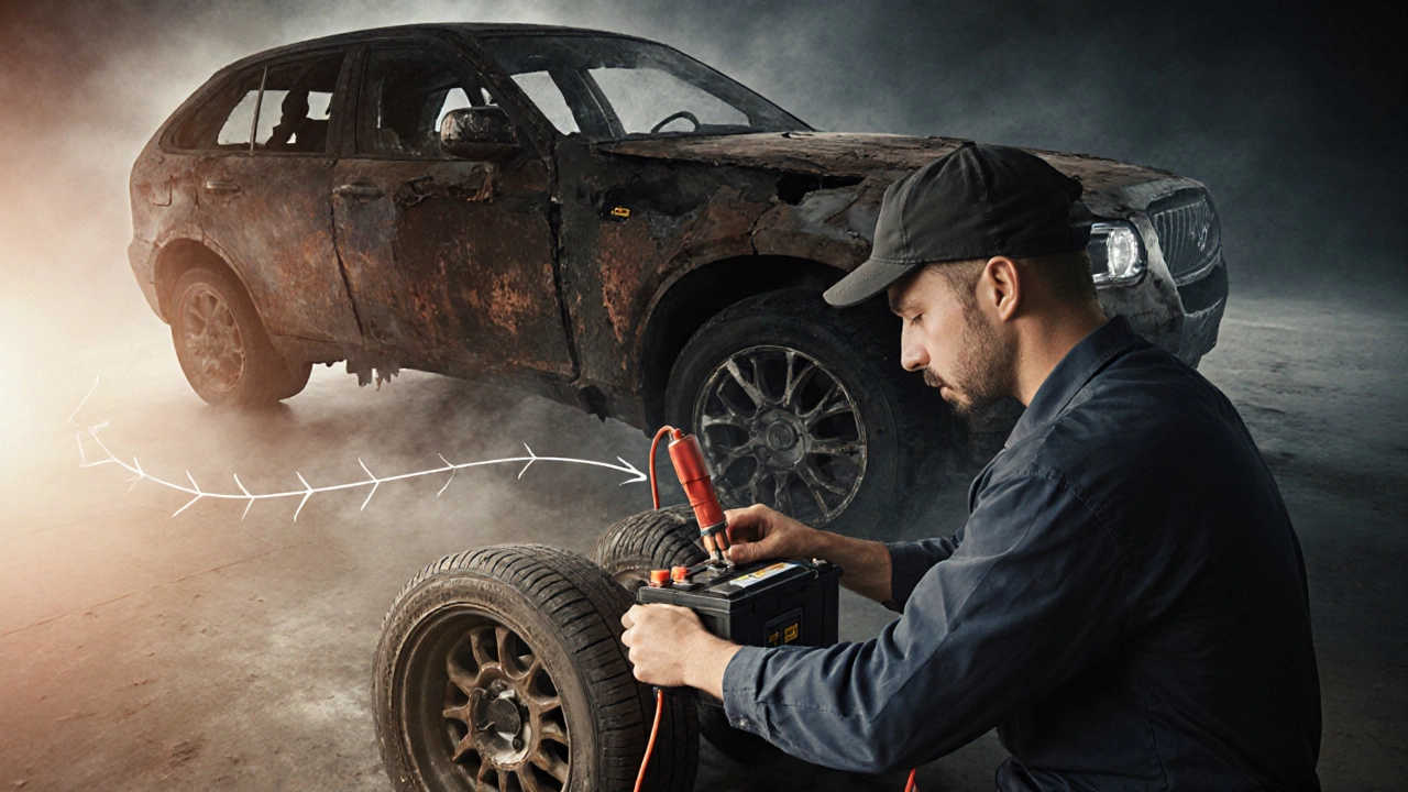 Механик восстанавливает автомобиль после полугодового простоя, проверяя шины и заряжая аккумулятор.