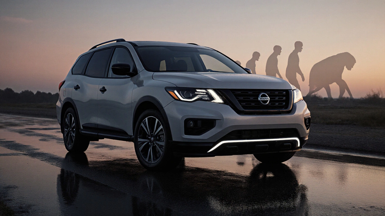Ниссан Патфайндер 2018 года после минималистичного обновления: чёрные пороги и светодиодные фары.