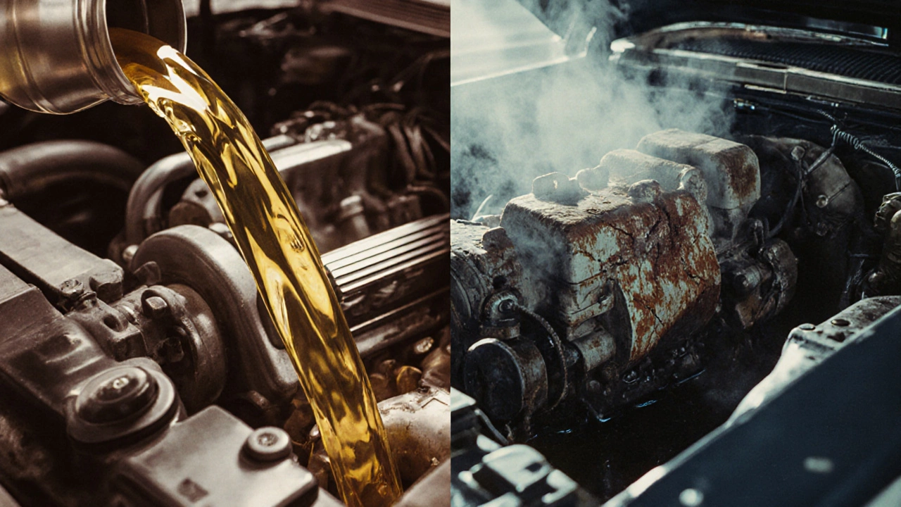 Разделенная сцена: чистый двигатель с золотистым маслом слева и разрушенный — справа.