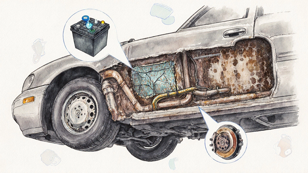 Разрез автомобиля, показывающий разрушенные аккумулятор, топливные магистрали и деформированные шины.