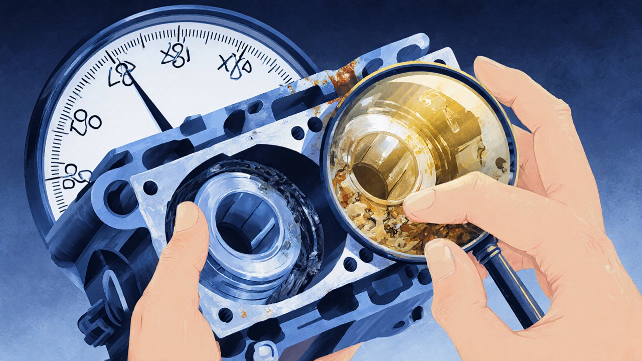 Рука с лупой показывает внутреннее состояние двигателя: чистая сторона и загрязнённая, с ржавчиной и смолой.