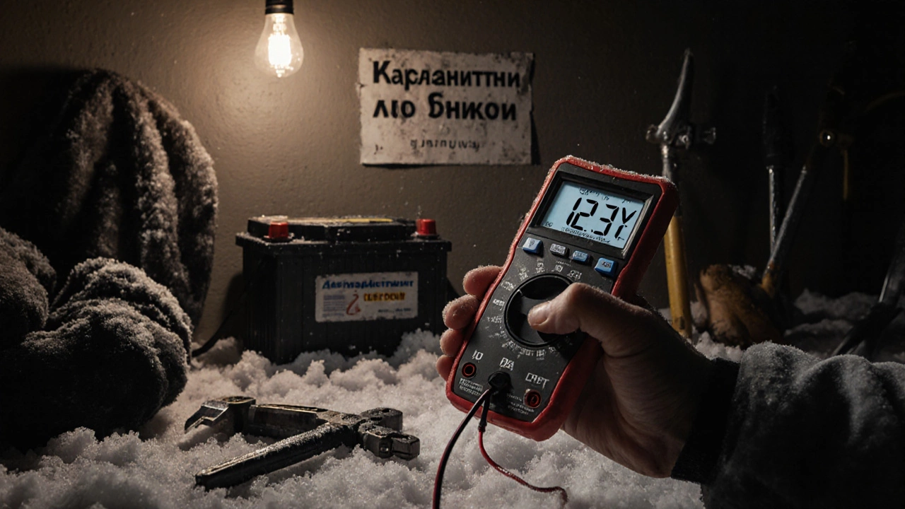 Рука с мультиметром измеряет напряжение аккумулятора в холодном гараже при -30°C, цифры на экране 12,3 В.