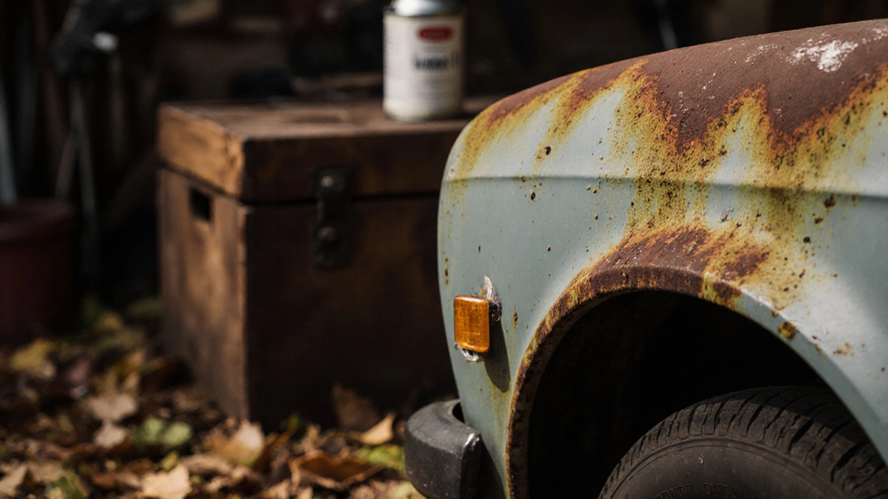 Ржавчина на крыле автомобиля с листьями и каплей дождя под тёплым светом.