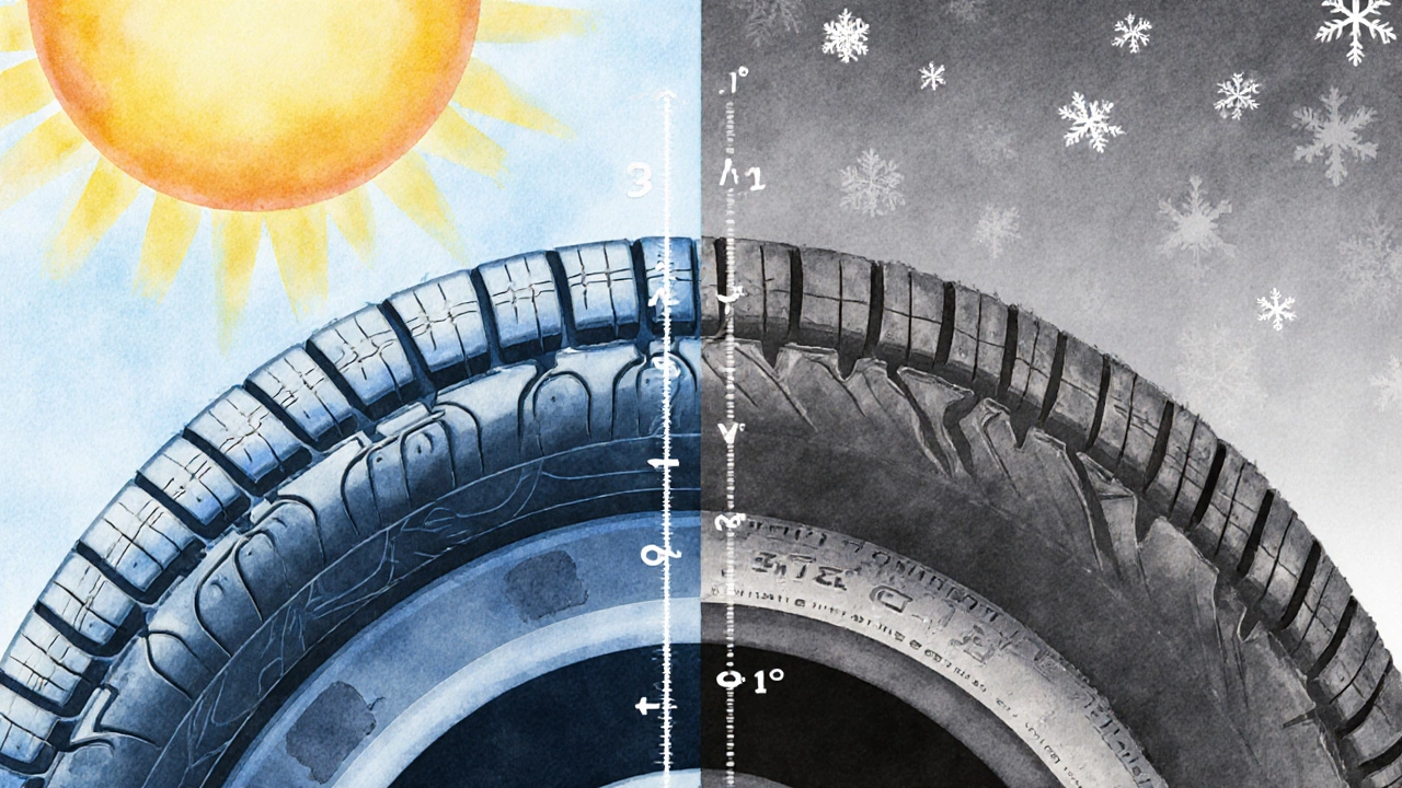 Сравнение протекторов летней и всесезонной шины с температурной шкалой.