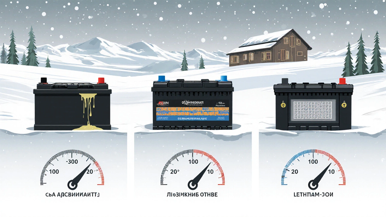 Сравнение трёх типов автомобильных аккумуляторов на фоне снежного пейзажа Сибири с показателями морозной производительности.