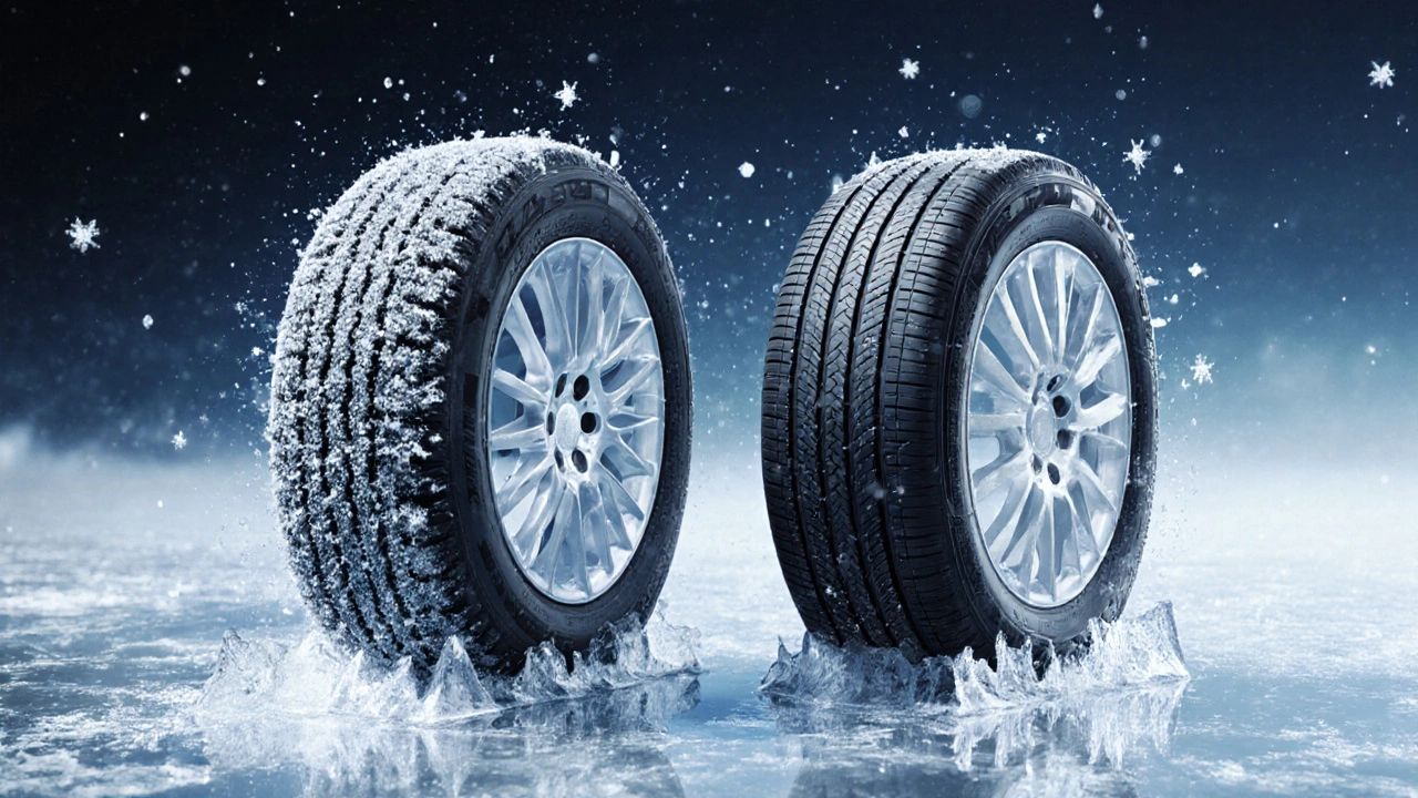 Сравнение зимней и всесезонной шины на льду: одна цепляется, другая скользит.