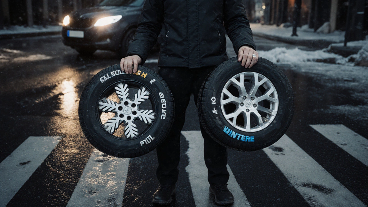 Водитель выбирает между всесезонными и зимними шинами на фоне скользкой дороги.