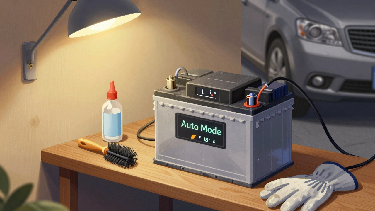 Аккумулятор заряжается в теплом гараже с умным зарядным устройством и чистыми клеммами.