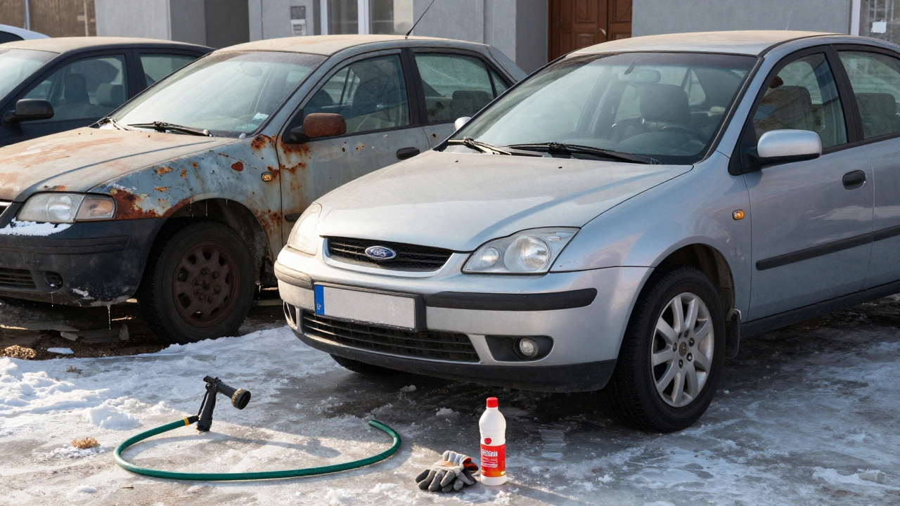 Два автомобиля 2005 года: один чистый и защищенный, другой покрыт ржавчиной на снегу.