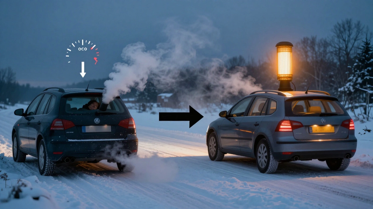 Два сценария: машина на месте с дымом слева и машина в движении с подогревом сидений справа.