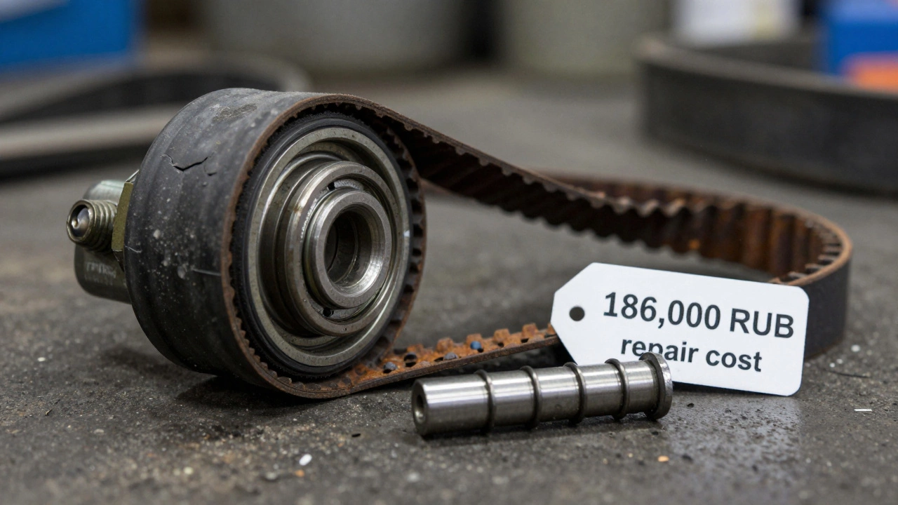 Изношенные ролики ГРМ рядом с новым оригинальным и ценником ремонта двигателя.