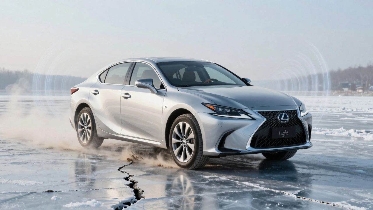 Лексус парит над грязной дорогой, окруженный тишиной и мягким светом, символизируя плавность хода.