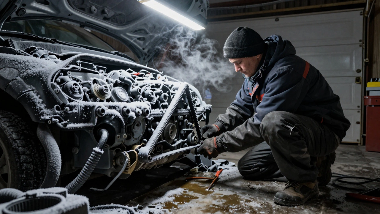 Мастер заменяет ремень ГРМ в зимнем гараже, на инструментах наледь.
