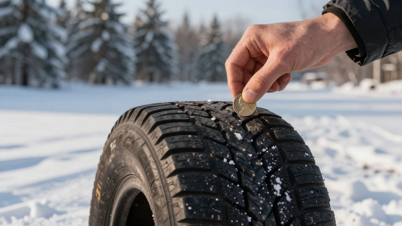 Монета в протекторе шины — голова императора частично видна, признак критического износа.
