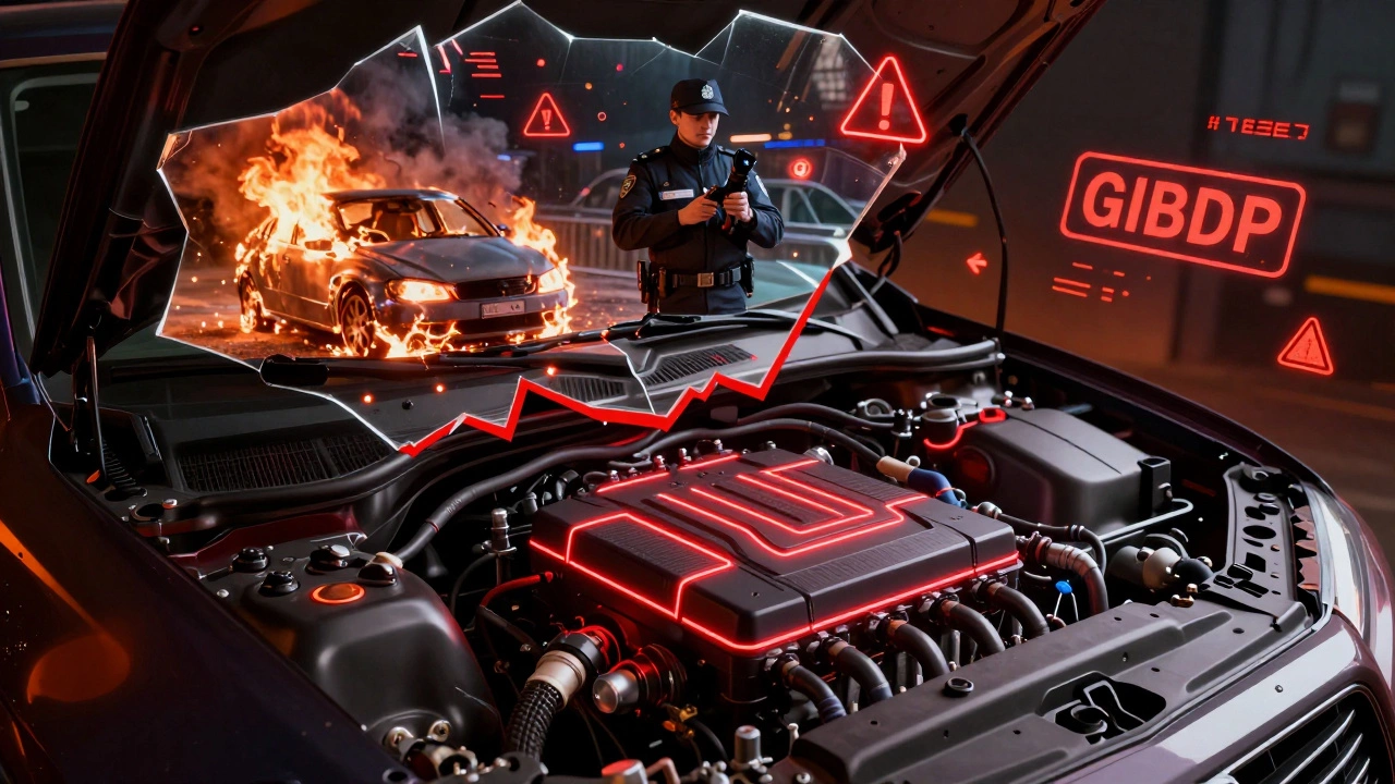 Моторный отсек с подсвеченным ЭБУ, на фоне — отражения пожара, полиции и штампа ГИБДД, цифровые предупреждения в стиле киберпанк.