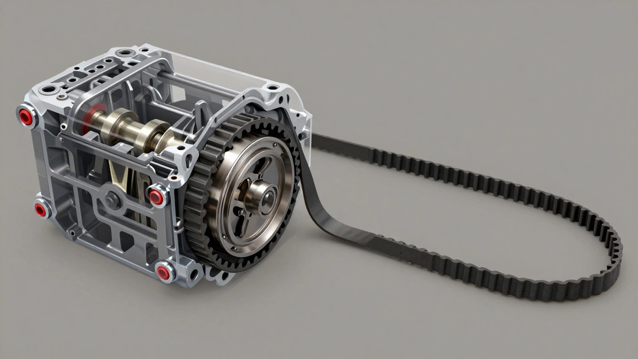 Прозрачный двигатель с разрушенным ремнём ГРМ и согнутыми клапанами рядом с целым ремнём.