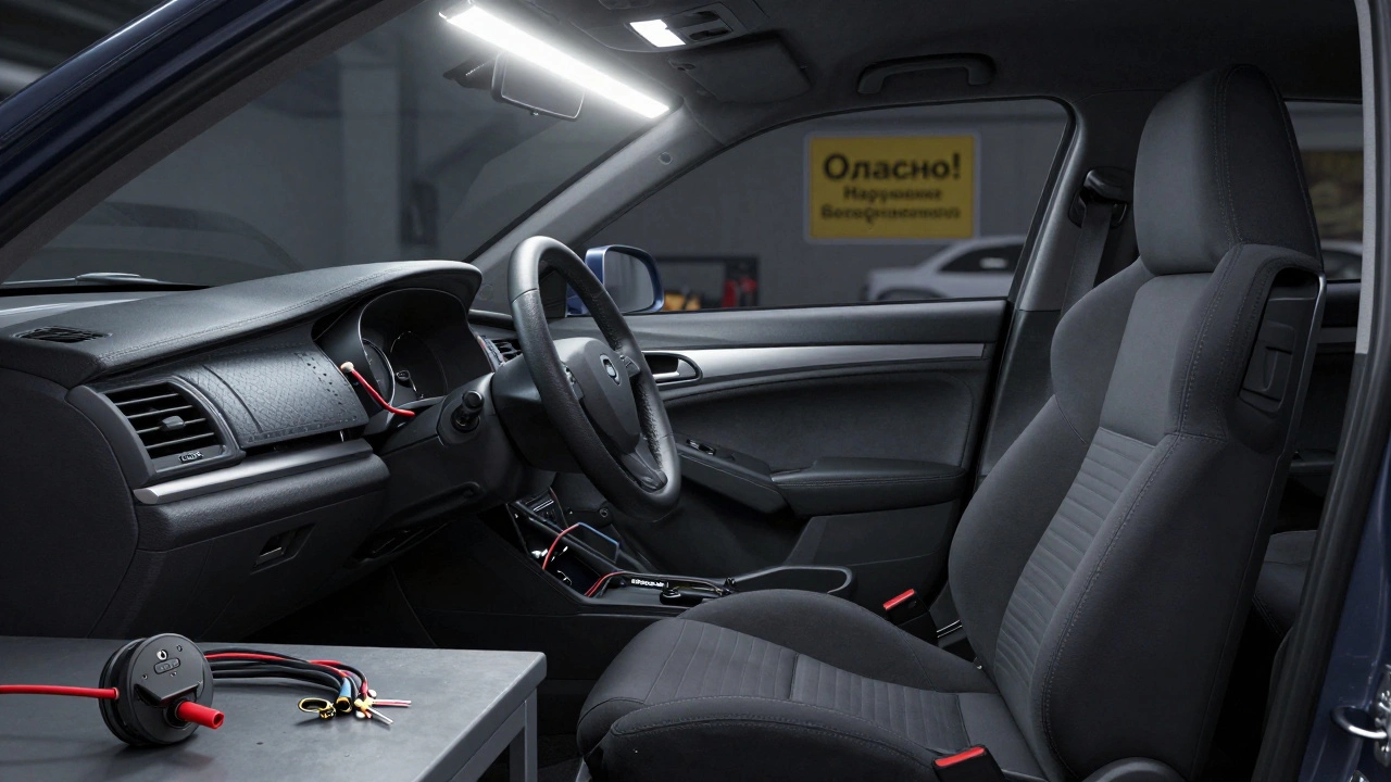 Разобранная панель салона с отсоединенными подушками безопасности и проводами, инструменты и предупреждающая табличка на фоне.