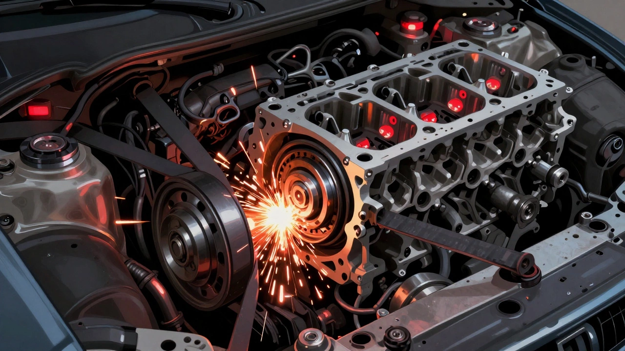 Разорванный ремень ГРМ внутри двигателя, изогнутые клапаны и треснувший поршень.