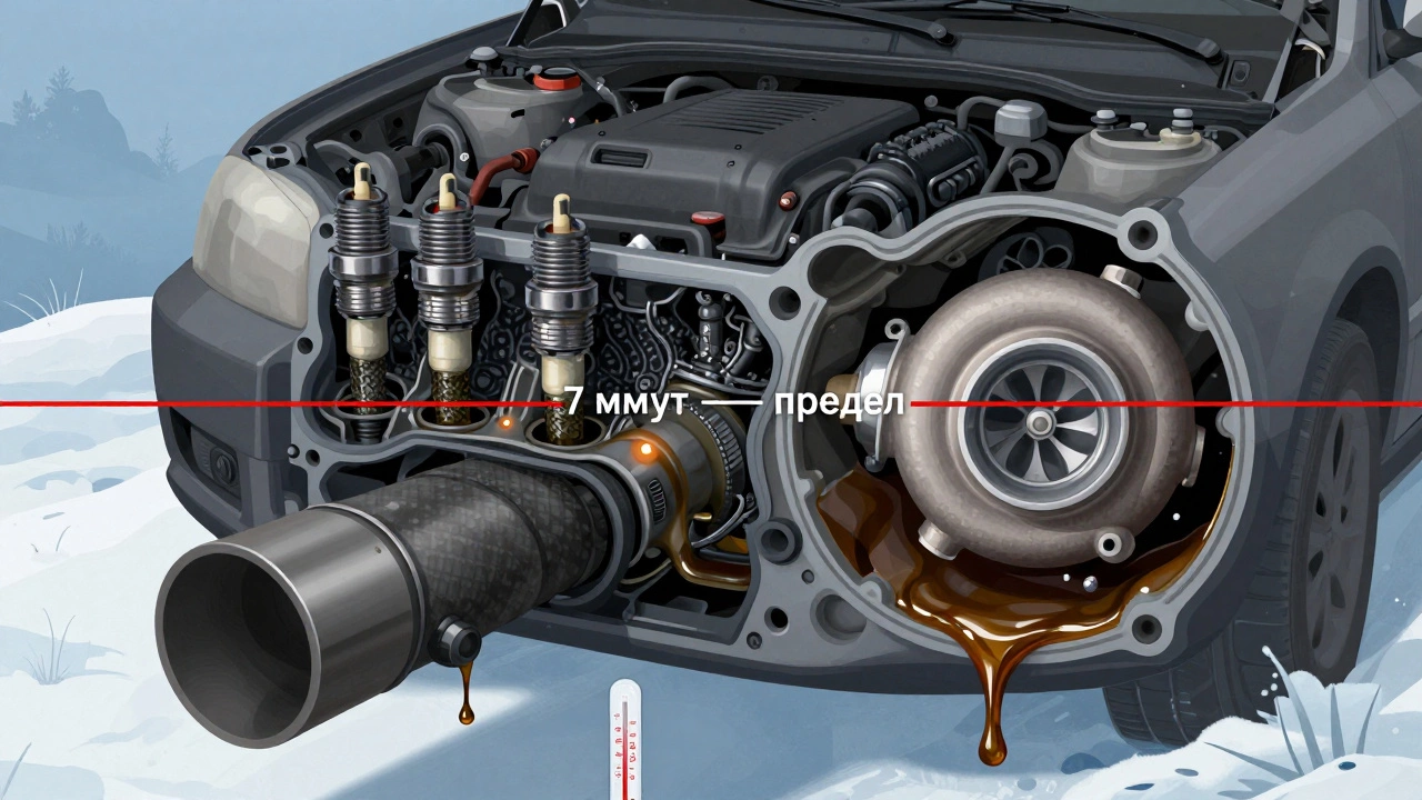 Разрез двигателя с нагаром на свечах, непрогретым маслом и перегретым катализатором на фоне зимнего пейзажа.