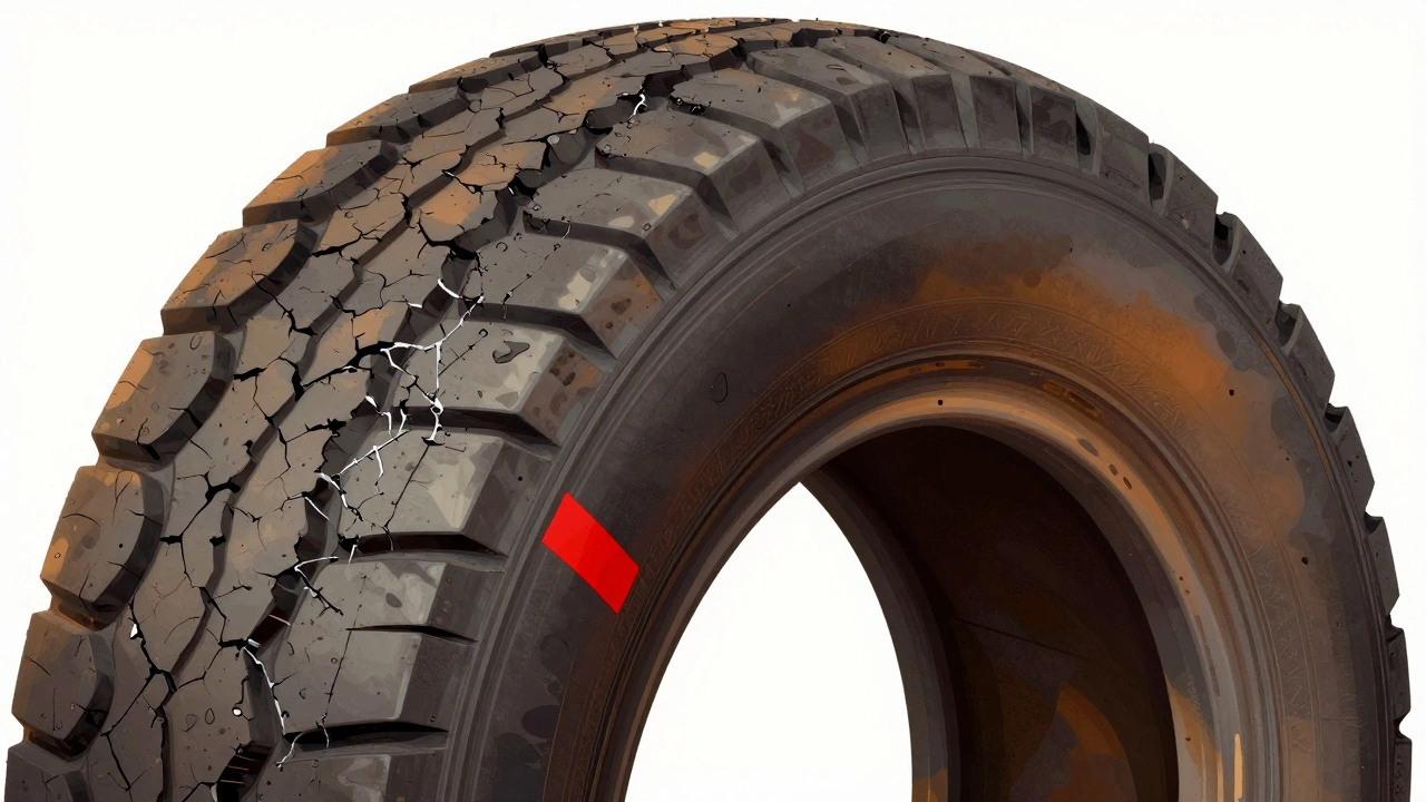 Разрез шины, показывающий внутреннее высыхание и трещины резины из-за старения и морозов.