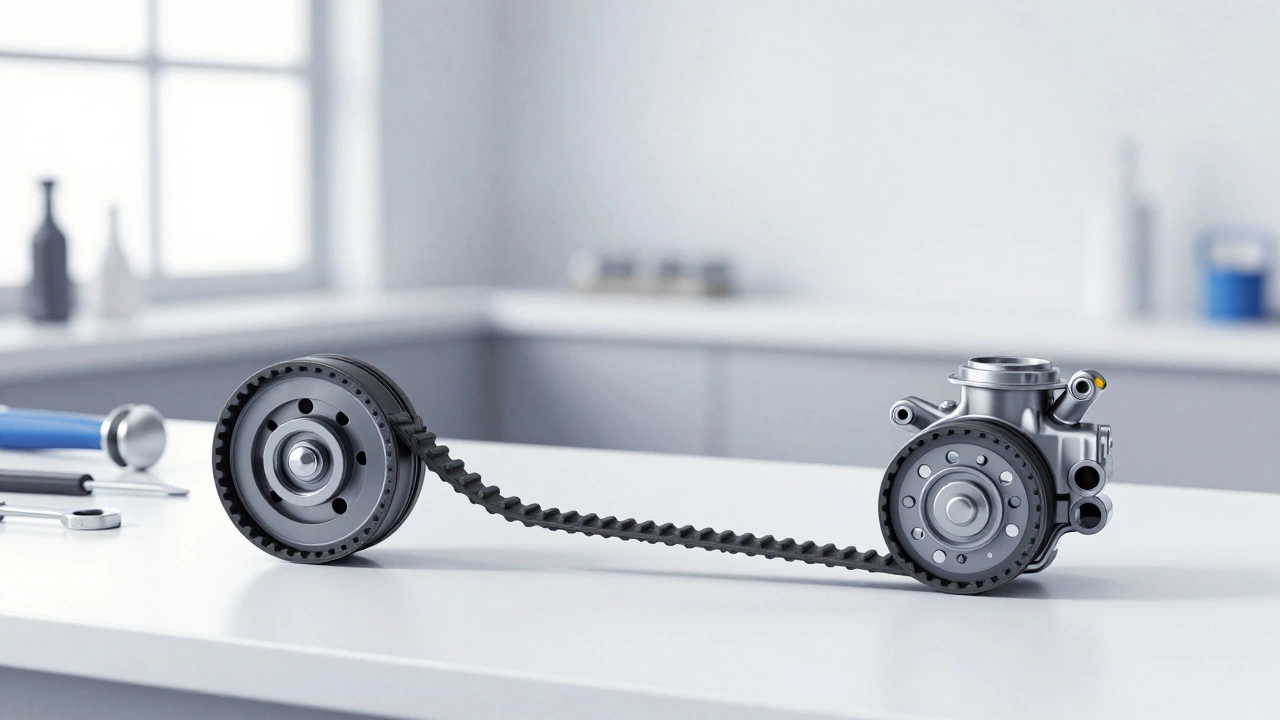 Схема двигателя с новым ремнём ГРМ, натяжителем, направляющим роликом и водяным насосом.