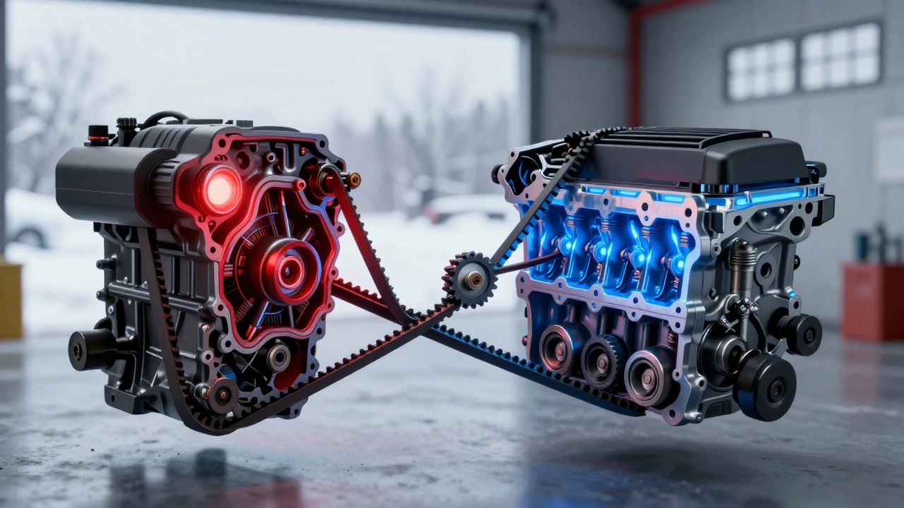 Сравнение разрушенного и исправного двигателя: погнутые клапаны против идеально работающих роликов.