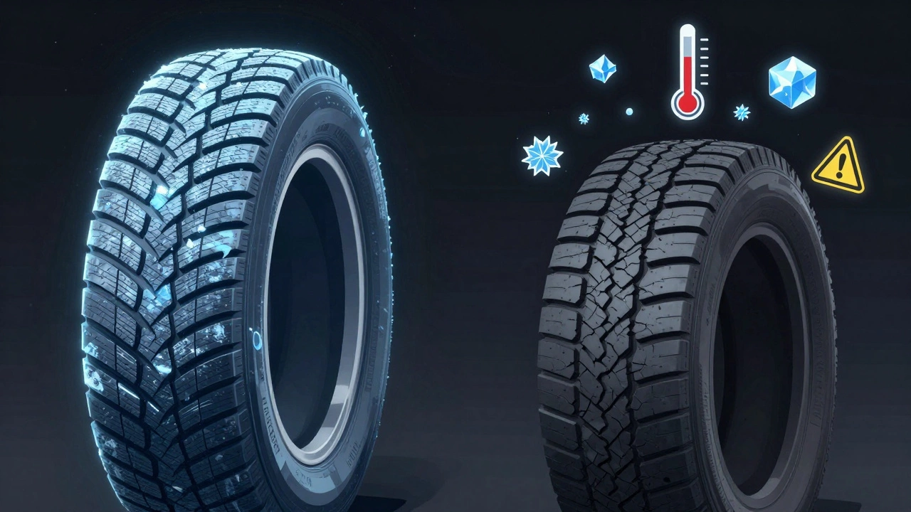 Сравнение структуры зимних и всесезонных шин: глубокие ламели и силиконовая резина против плоских канавок и жесткой резины.