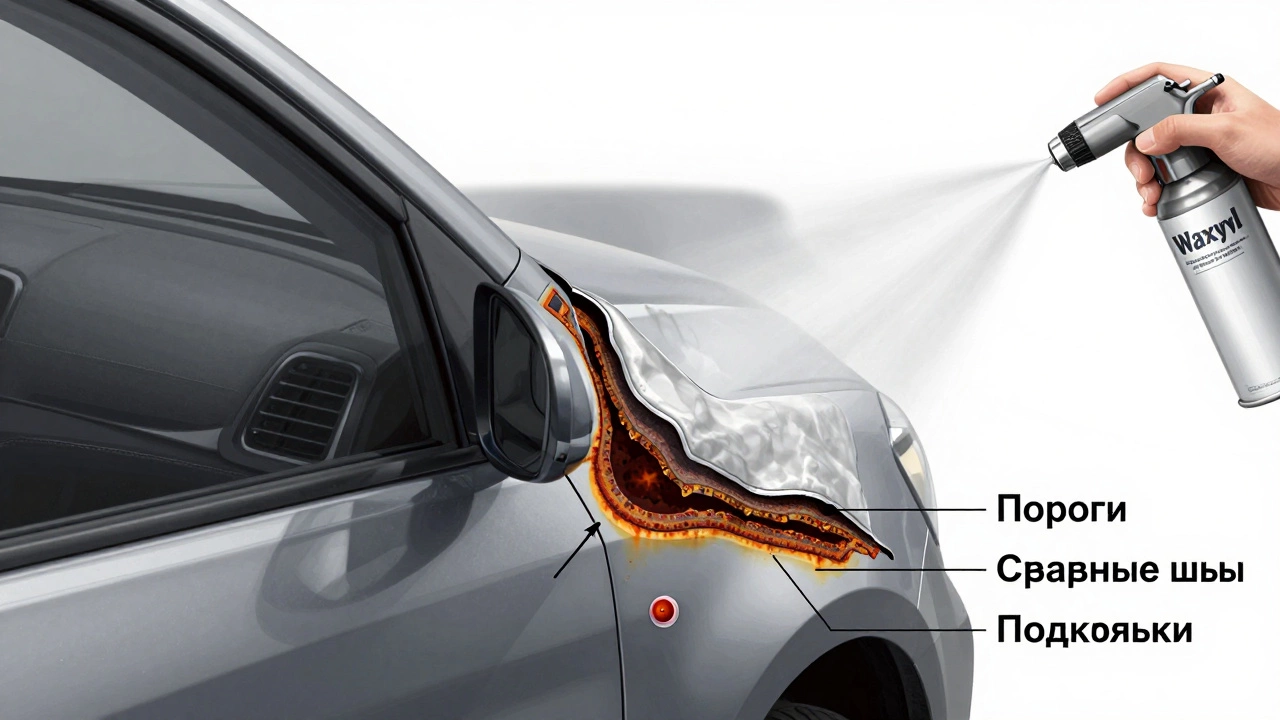 Технический разрез дверного порога с показом прогрессии ржавчины и нанесения антикора.