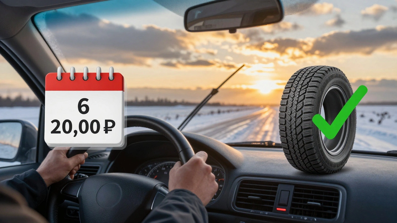 Водитель за рулем на ледяной дороге с визуализацией экономии на смене шин: долгосрочная безопасность против затрат на сезонную замену.