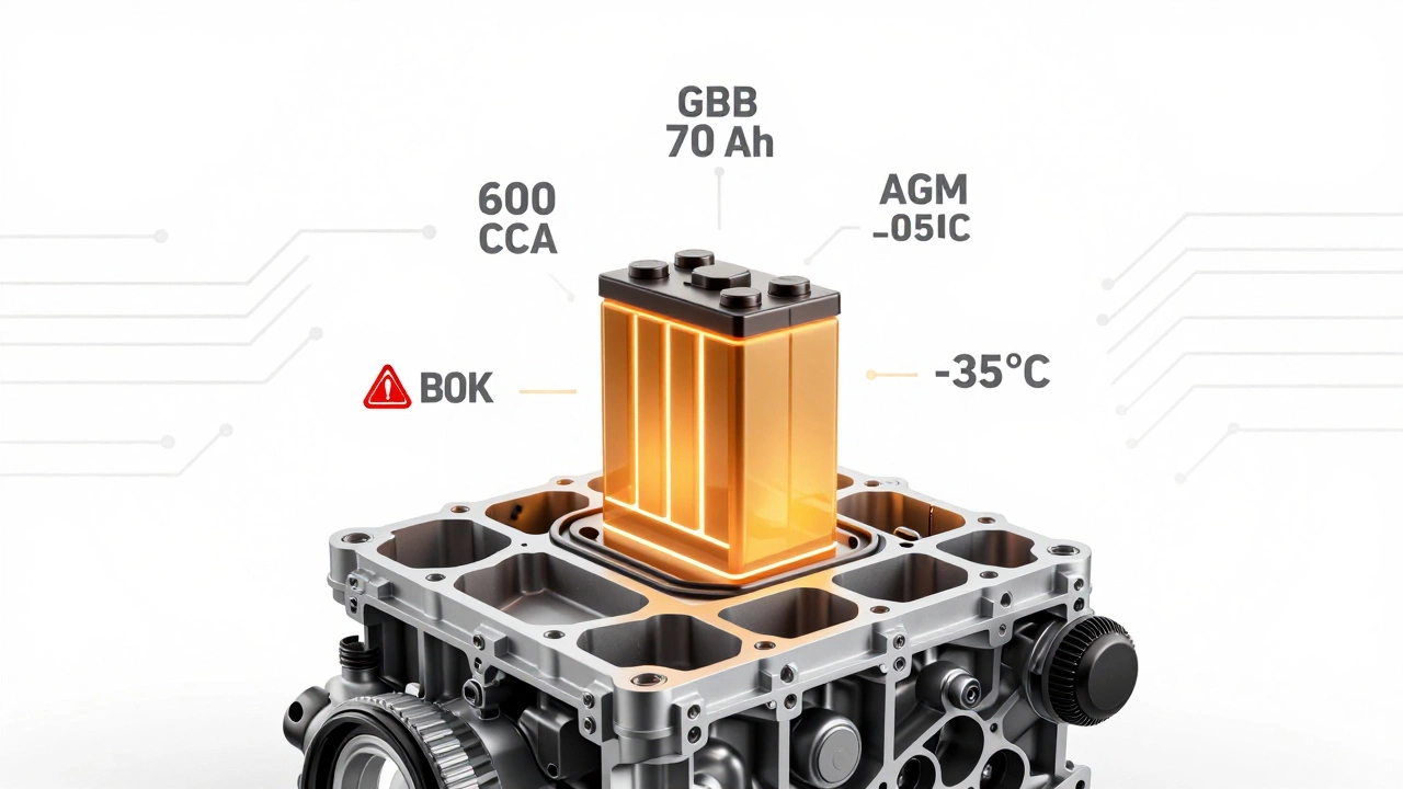 Концептуальное изображение двигателя с накладкой технических параметров аккумулятора: CCA, емкость, технология AGM.