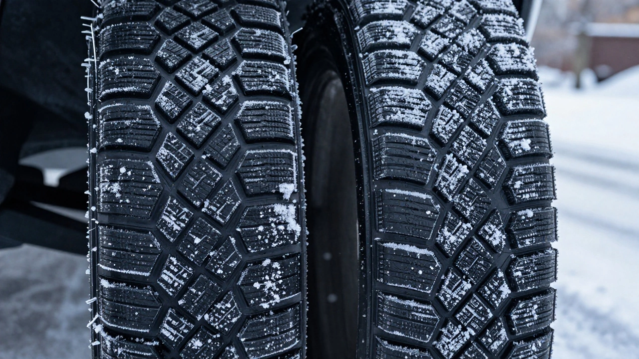 Макроснимок зимней шины и всесезонной на снегу: ламели цепляются за лёд, резина M+S затвердела и скользит.