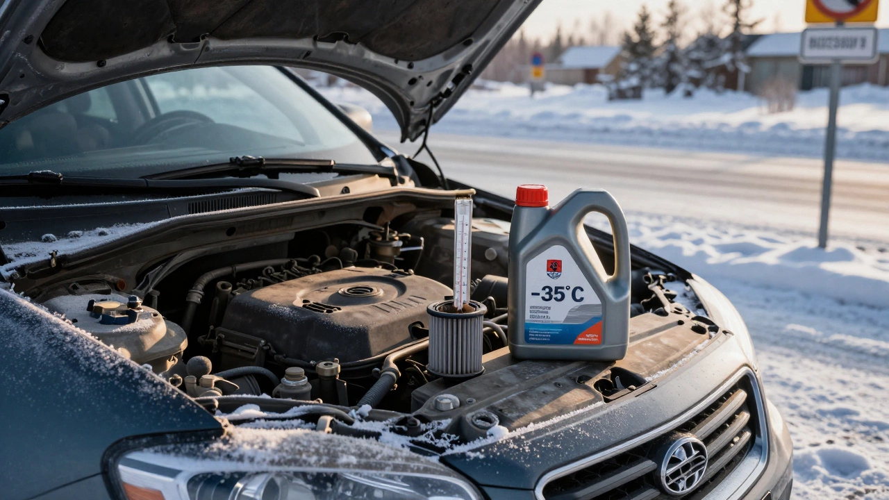 Машина зимой в Сибири с открытым капотом, рядом — засоренный фильтр и термометр с минус 35°C.